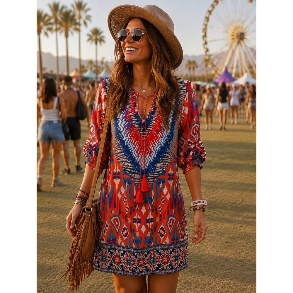 Tolani‎ (S) 100% Silk Boho Tunic Dress- Tassels-Beach-Ikat-Festival-Resort-Vaca